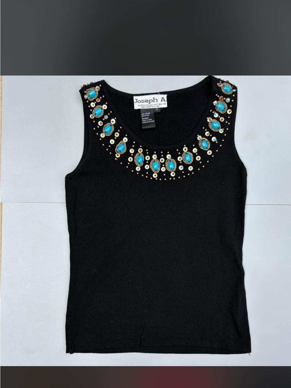 Joseph Black Tank with Turquoise and Gold Neck Embellishment